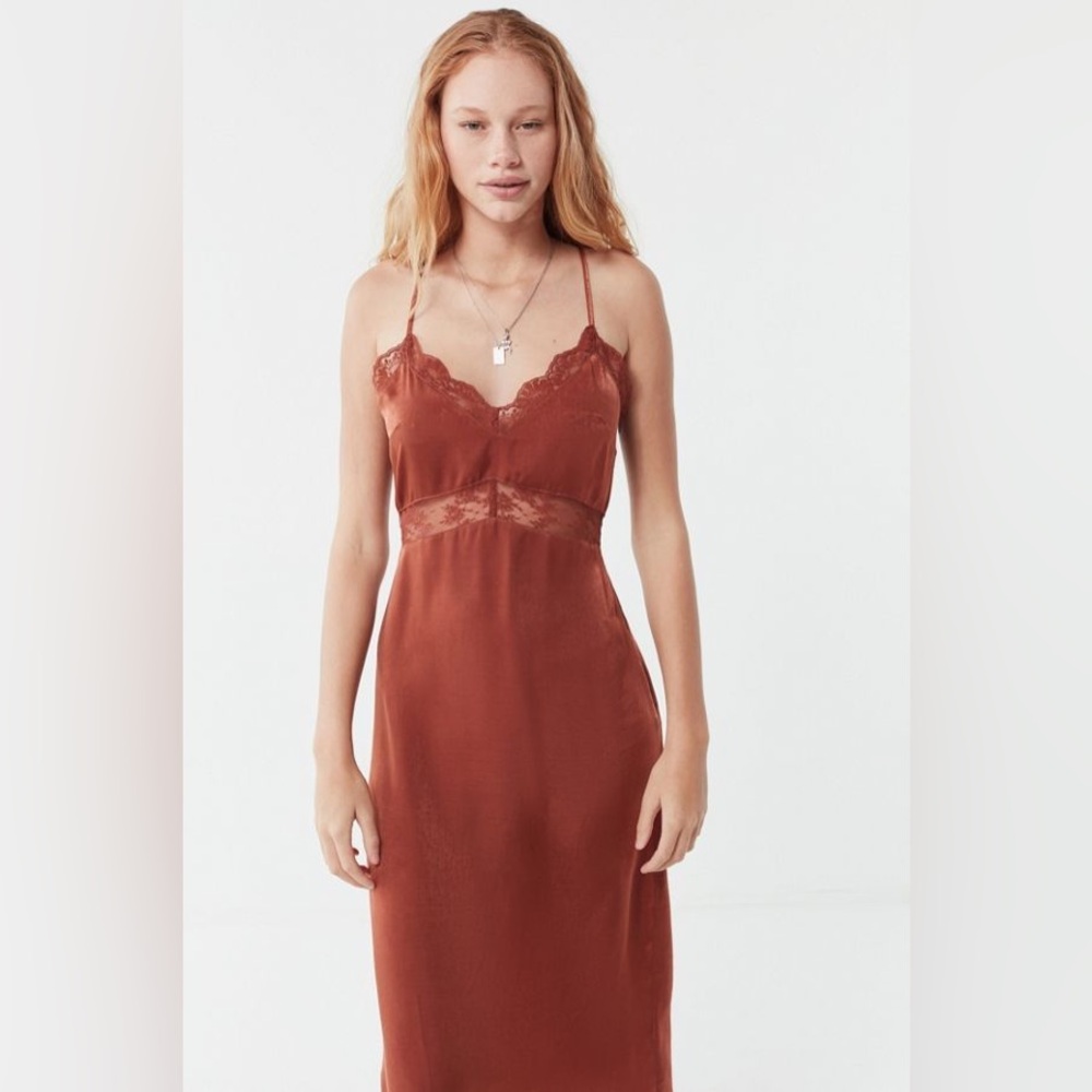 UO Satin Lace Trim Empire Waist Midi Dress